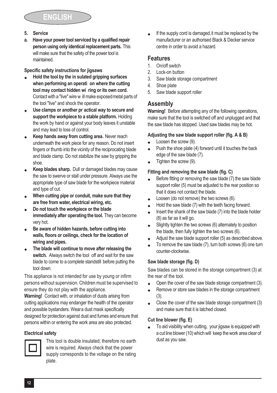 English | Black & Decker KS405 User Manual | Page 12 / 14
