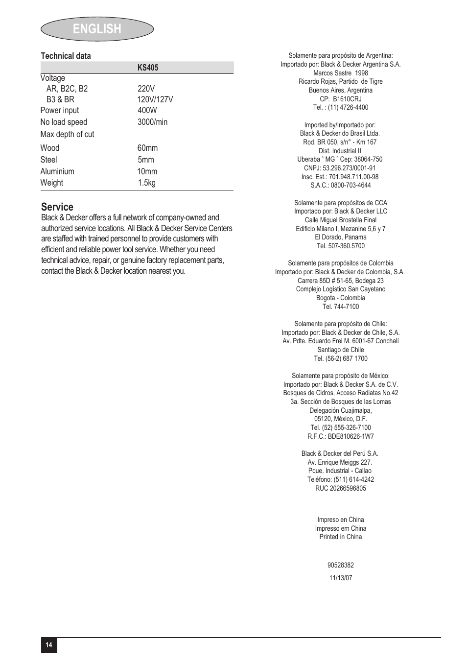 English, Service | Black & Decker KS405 User Manual | Page 14 / 14