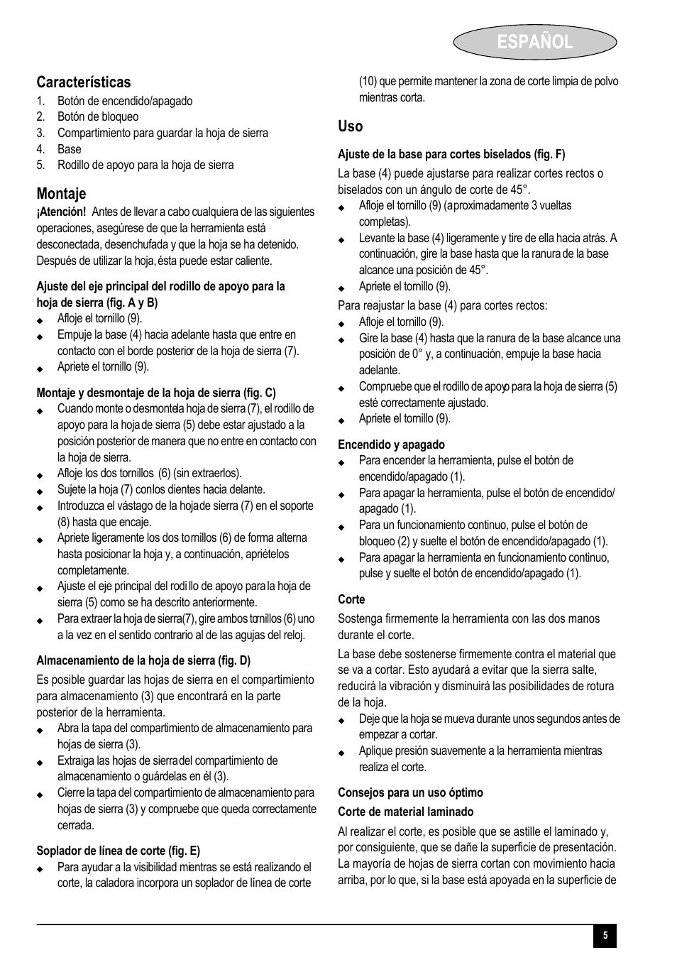 Español, Características, Montaje | Black & Decker KS405 User Manual | Page 5 / 14