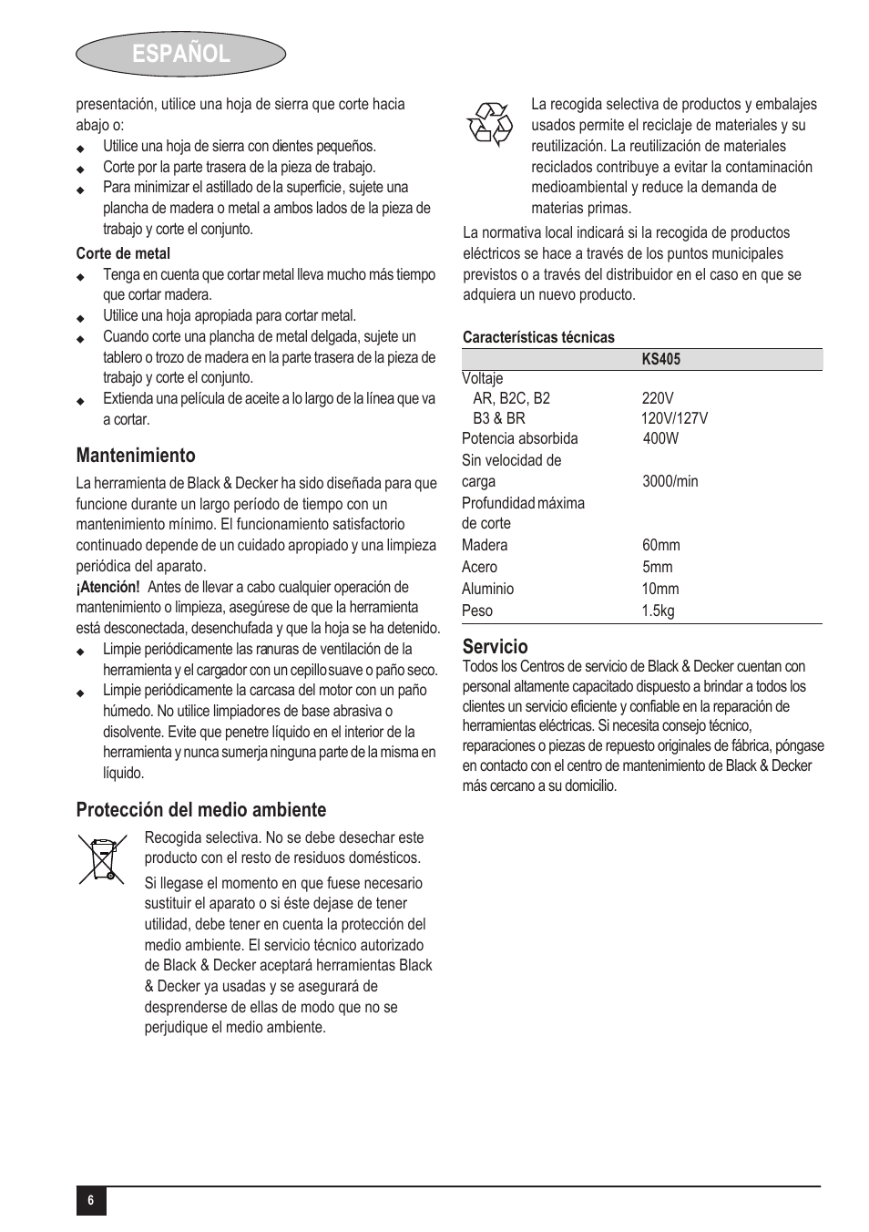 Español | Black & Decker KS405 User Manual | Page 6 / 14