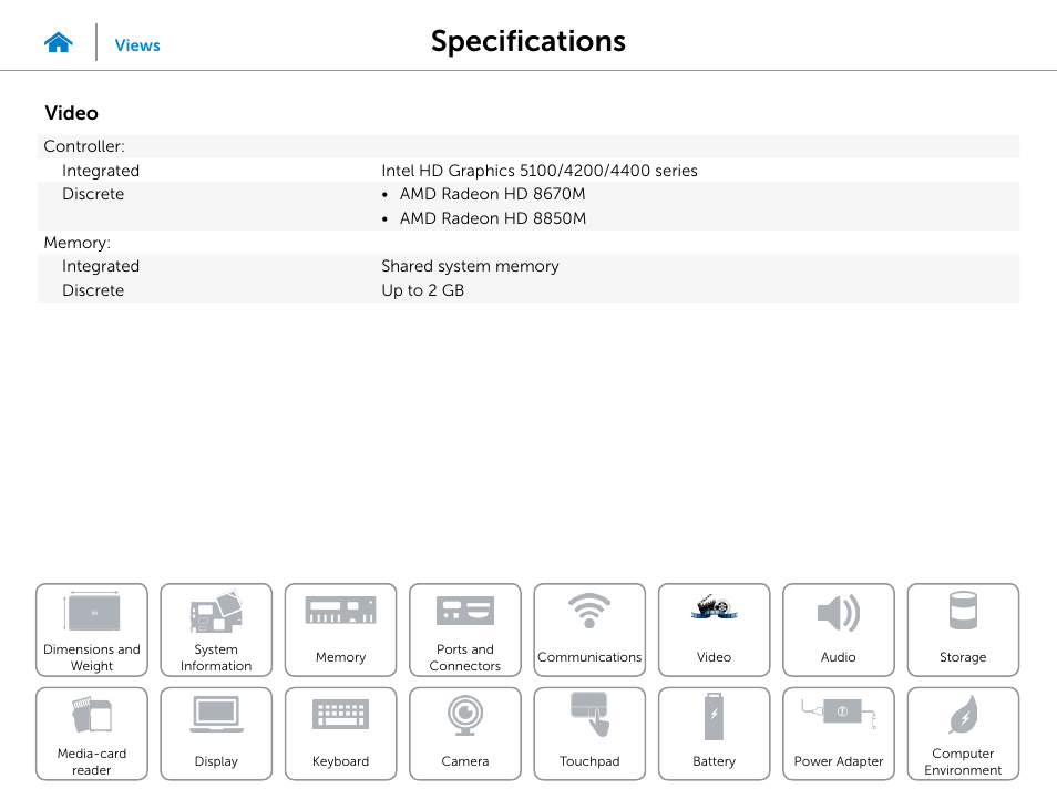Video, Specifications | Dell Inspiron 15R (5521, Late 2012) User Manual | Page 12 / 22