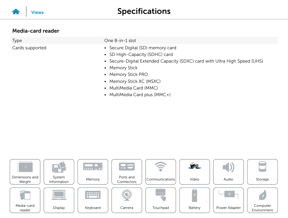 Media-card, Reader, Specifications | Media-card reader | Dell Inspiron 15R (5521, Late 2012) User Manual | Page 15 / 22