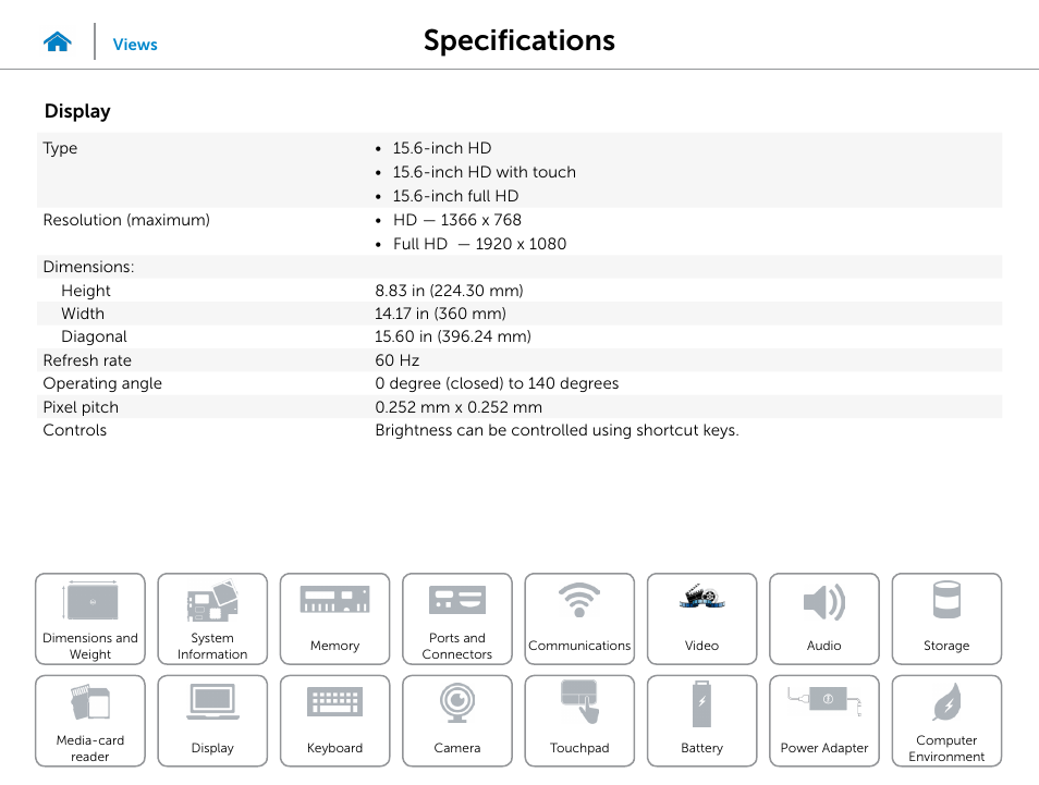 Display, Specifications | Dell Inspiron 15R (5521, Late 2012) User Manual | Page 16 / 22