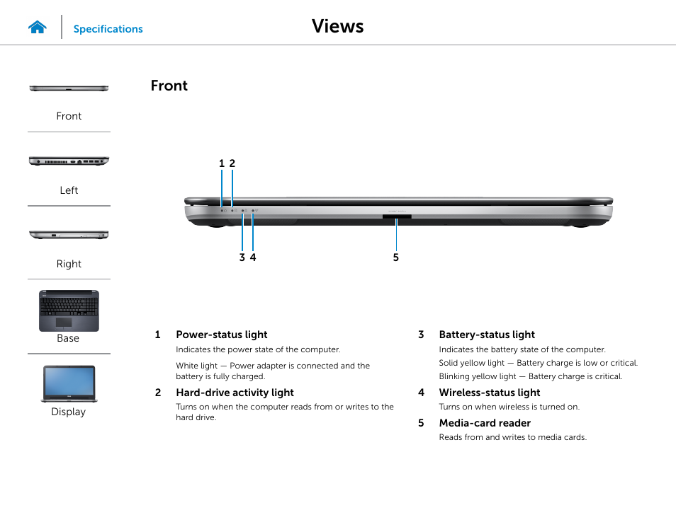 Views, Front | Dell Inspiron 15R (5521, Late 2012) User Manual | Page 2 / 22