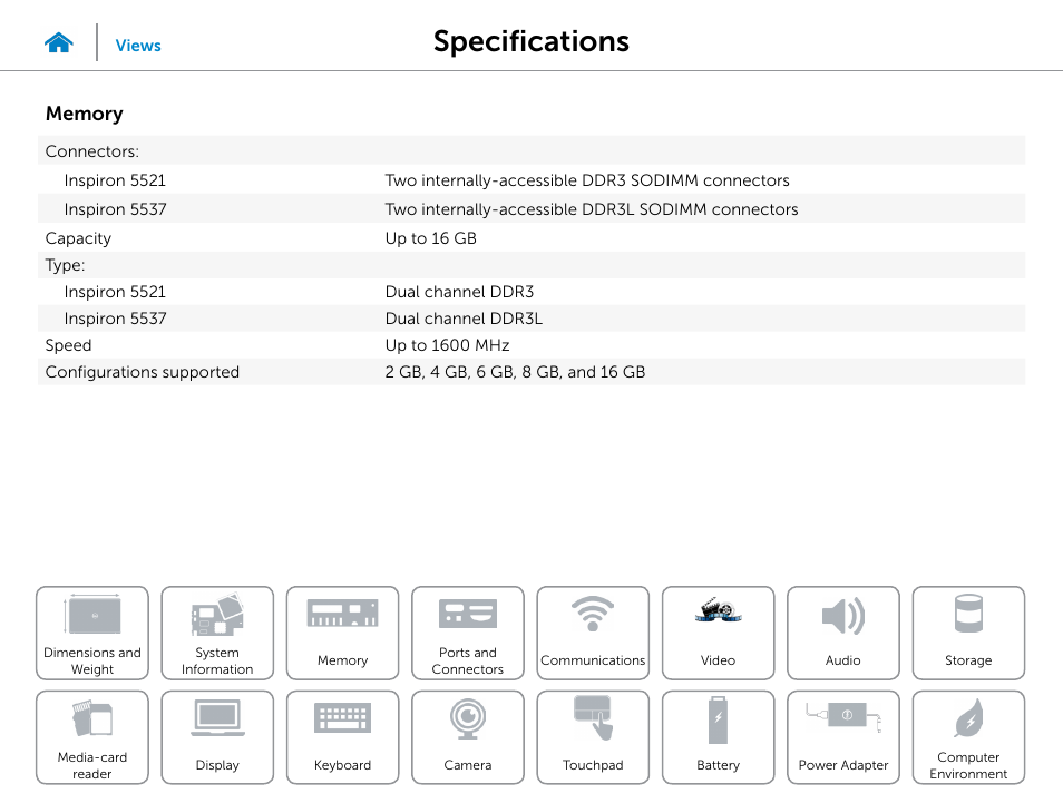 Memory, Specifications | Dell Inspiron 15R (5521, Late 2012) User Manual | Page 9 / 22