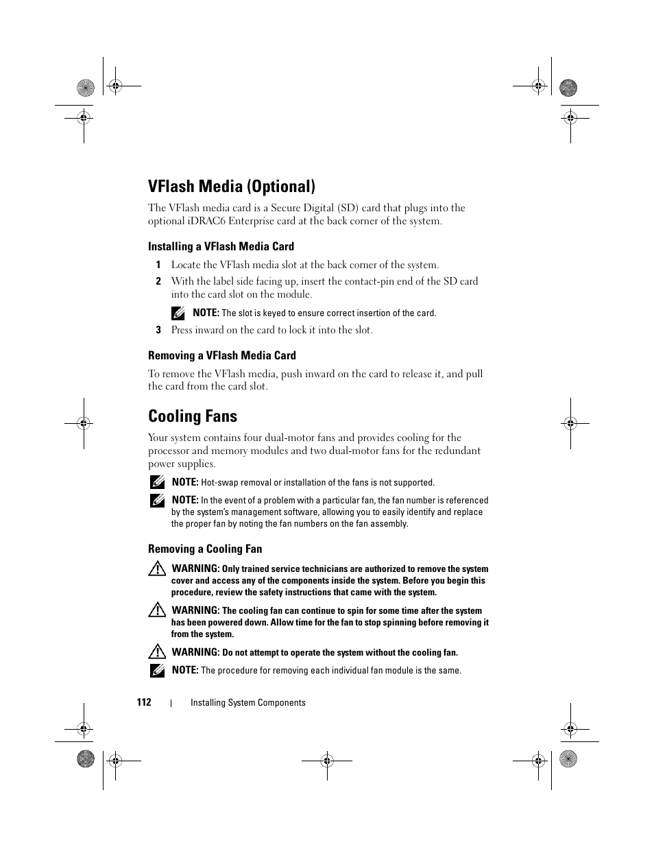 Vflash media (optional), Installing a vflash media card, Removing a vflash media card | Cooling fans, Removing a cooling fan | Dell PowerEdge R410 User Manual | Page 112 / 190