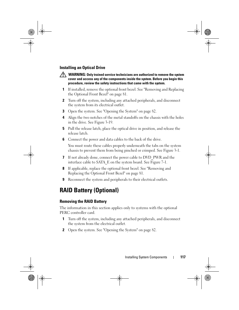 Installing an optical drive, Raid battery (optional), Removing the raid battery | Dell PowerEdge R410 User Manual | Page 117 / 190