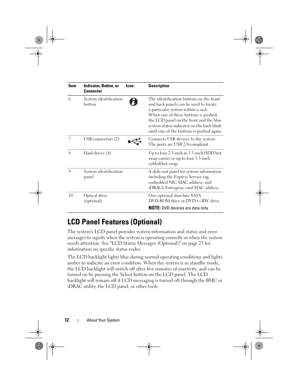 Lcd panel features (optional) | Dell PowerEdge R410 User Manual | Page 12 / 190