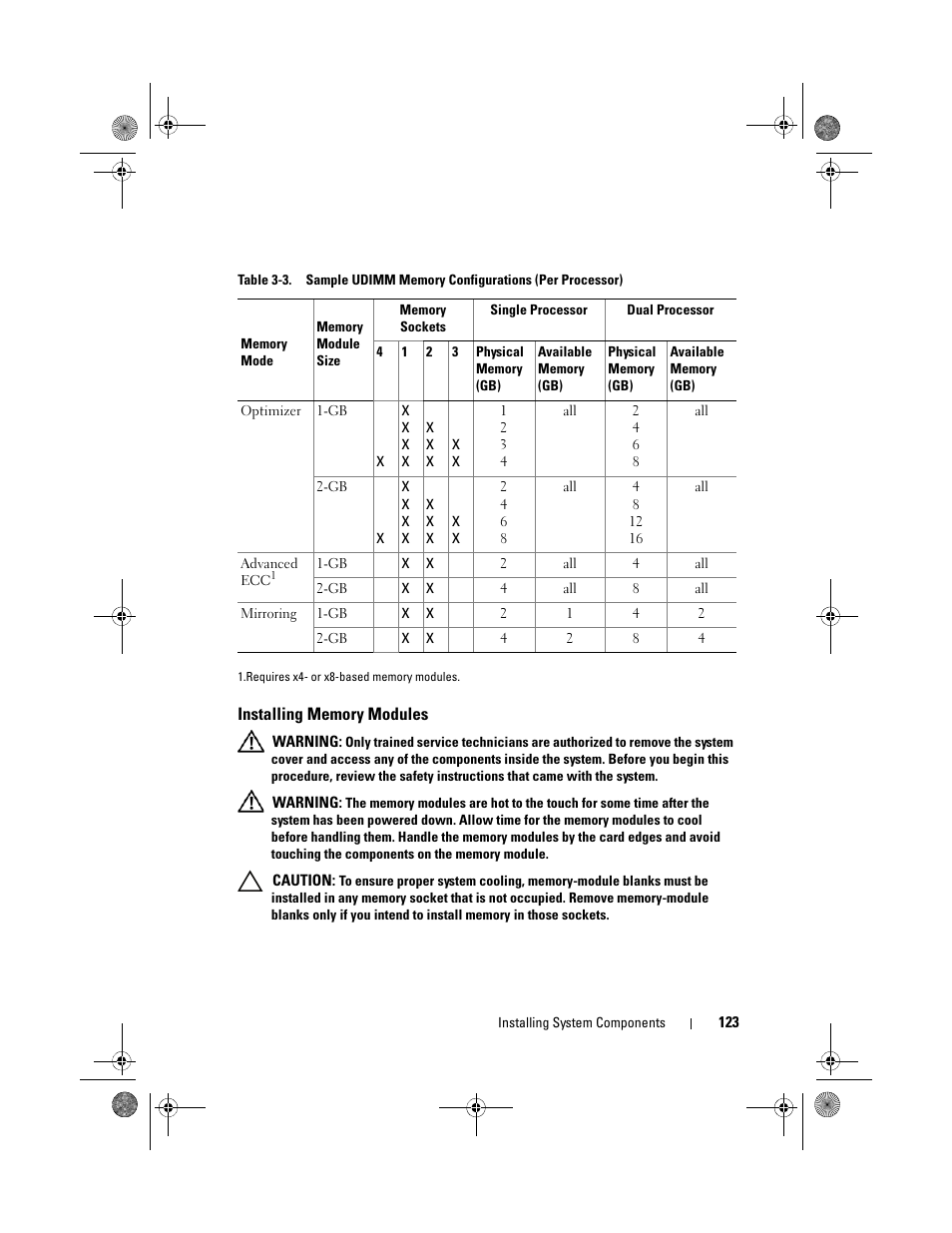 Installing memory modules | Dell PowerEdge R410 User Manual | Page 123 / 190