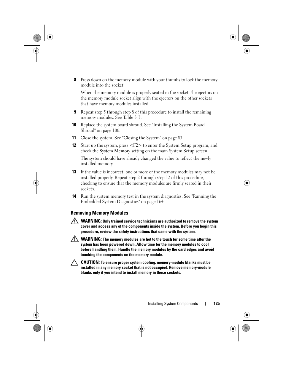 Removing memory modules | Dell PowerEdge R410 User Manual | Page 125 / 190
