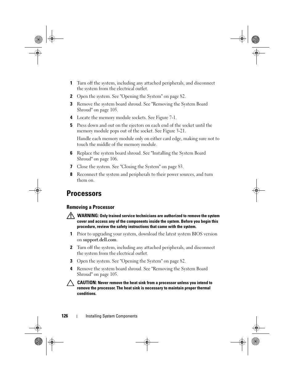 Processors, Removing a processor | Dell PowerEdge R410 User Manual | Page 126 / 190