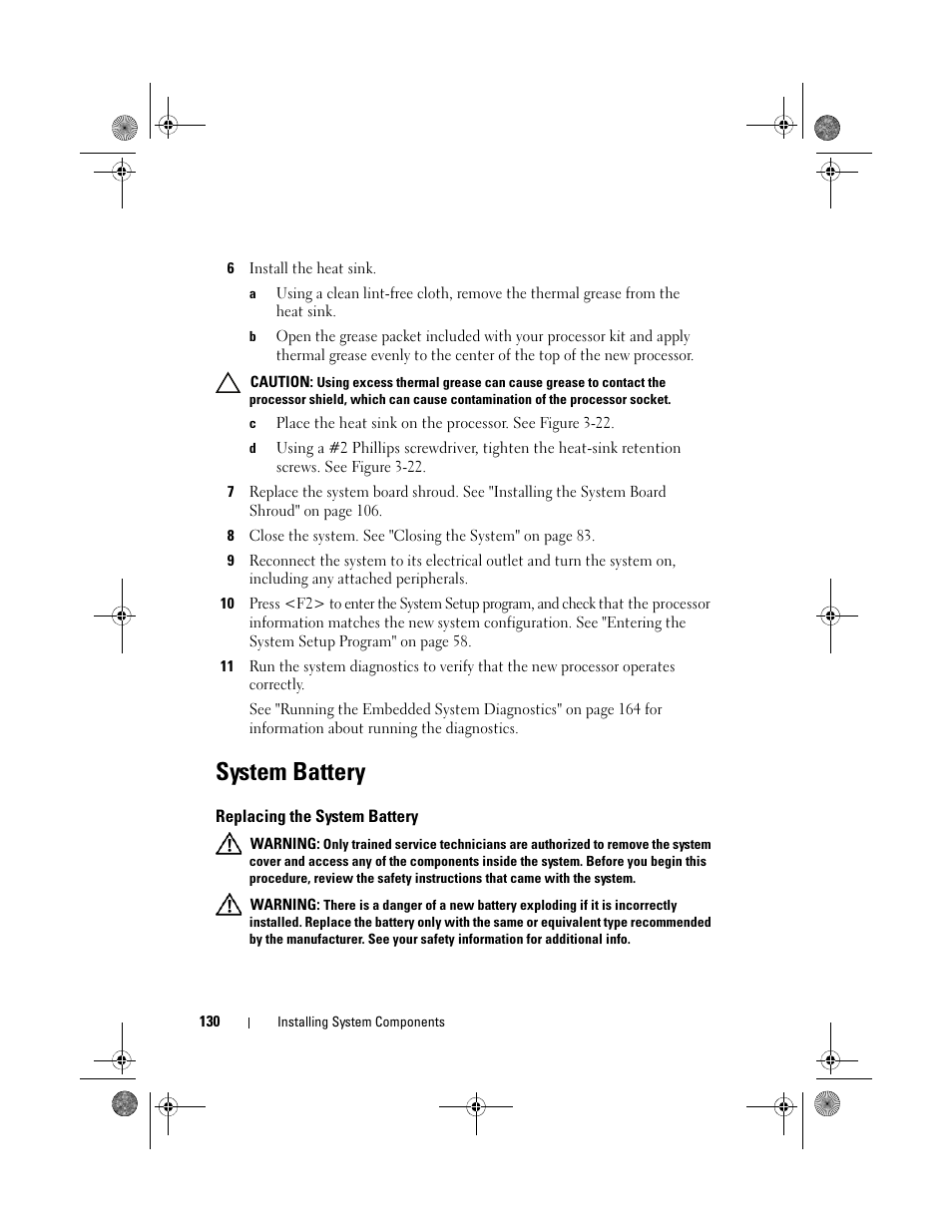System battery, Replacing the system battery | Dell PowerEdge R410 User Manual | Page 130 / 190