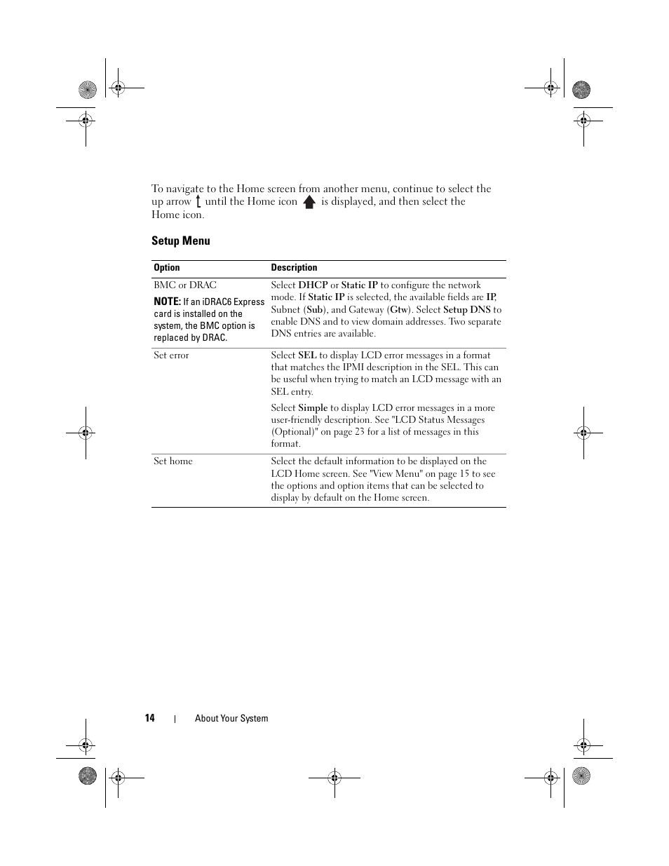Setup menu | Dell PowerEdge R410 User Manual | Page 14 / 190