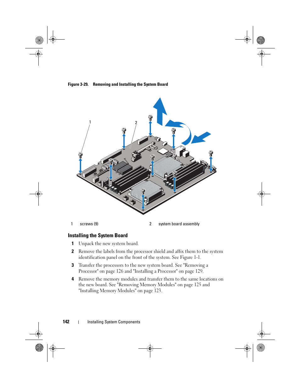 Installing the system board | Dell PowerEdge R410 User Manual | Page 142 / 190
