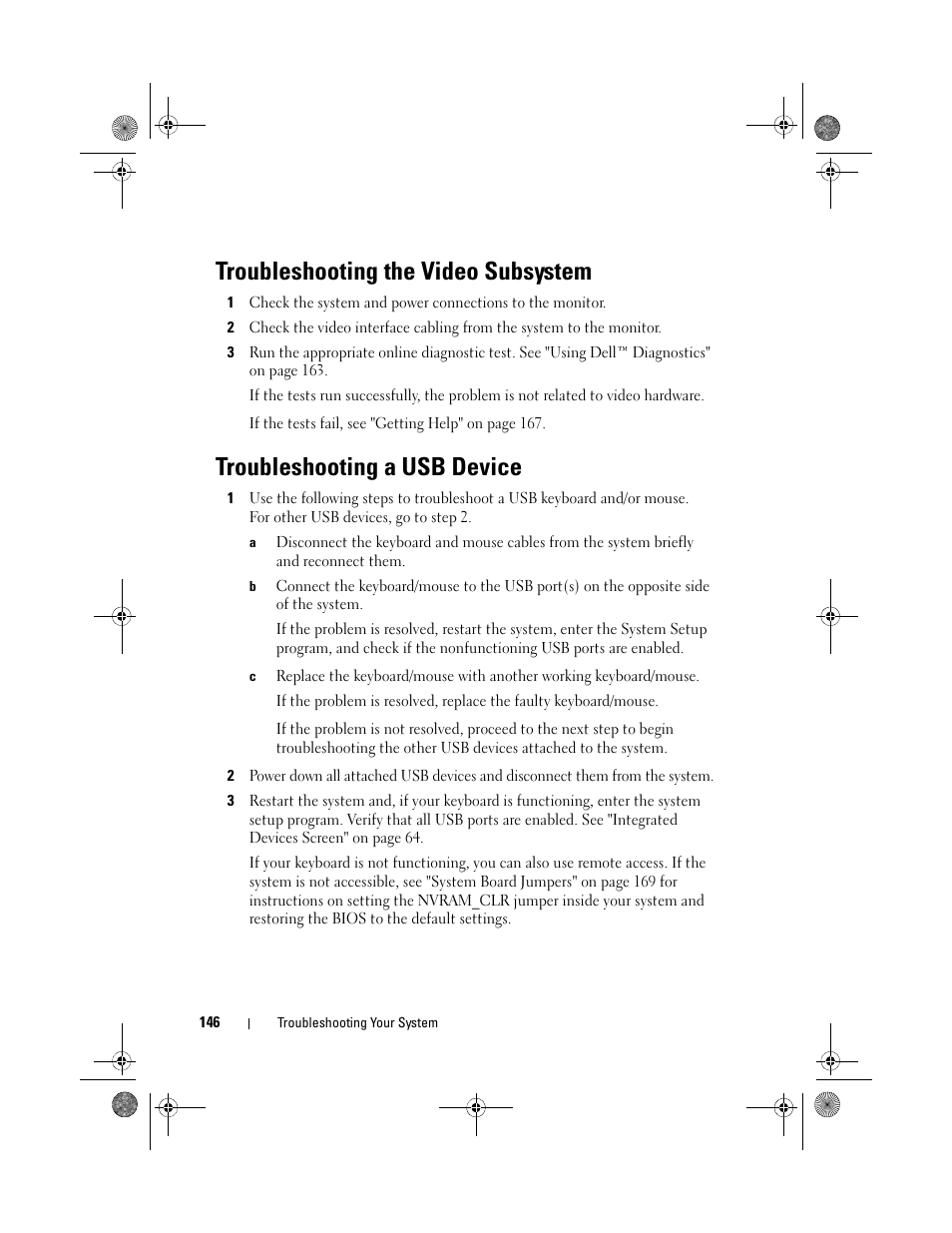 Troubleshooting the video subsystem, Troubleshooting a usb device | Dell PowerEdge R410 User Manual | Page 146 / 190