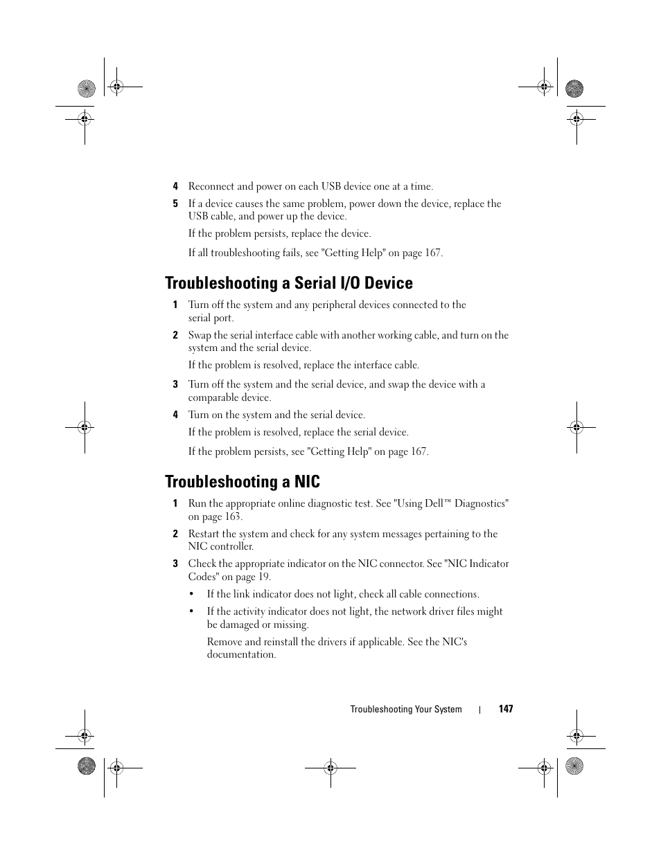 Troubleshooting a serial i/o device, Troubleshooting a nic | Dell PowerEdge R410 User Manual | Page 147 / 190