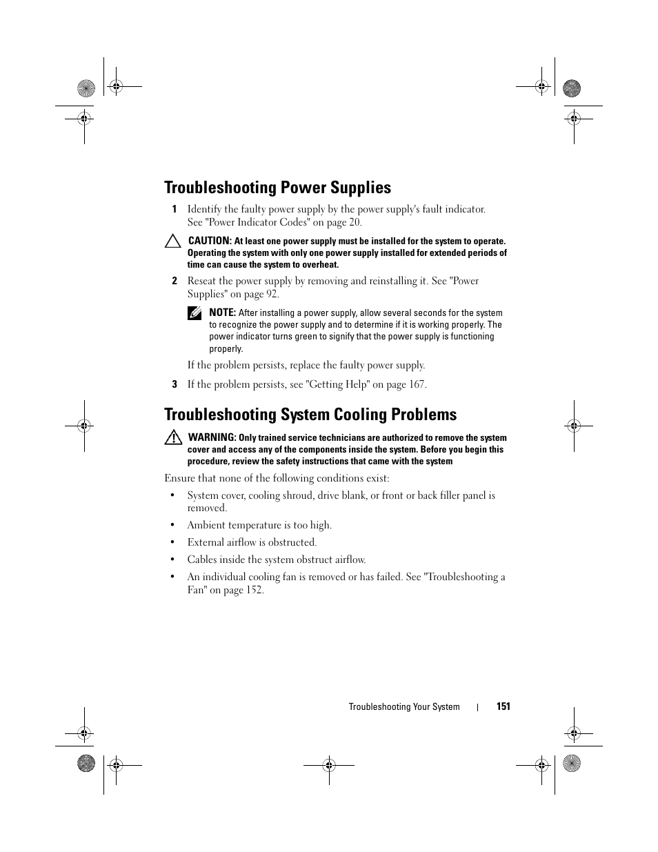 Troubleshooting power supplies, Troubleshooting system cooling problems | Dell PowerEdge R410 User Manual | Page 151 / 190