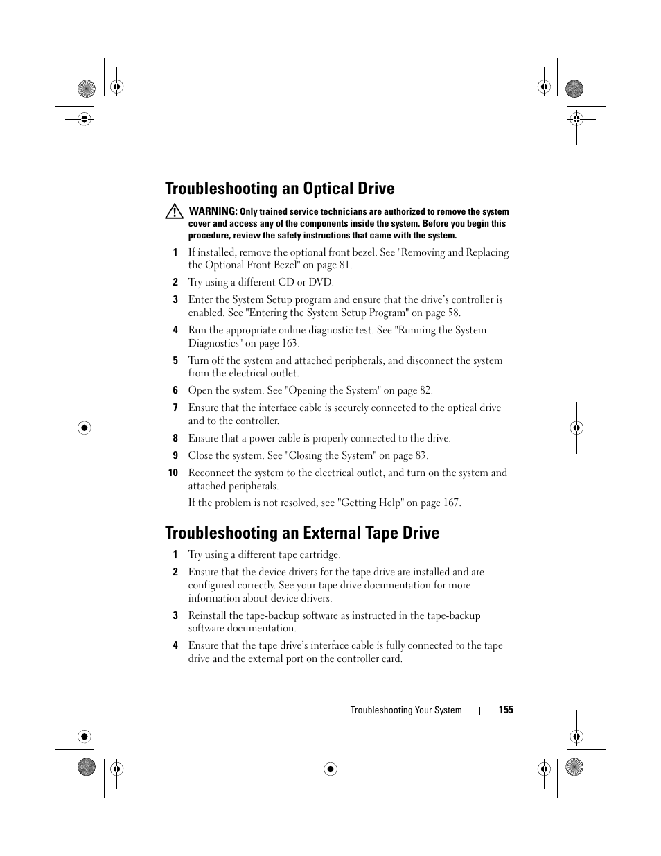 Troubleshooting an optical drive, Troubleshooting an external tape drive | Dell PowerEdge R410 User Manual | Page 155 / 190