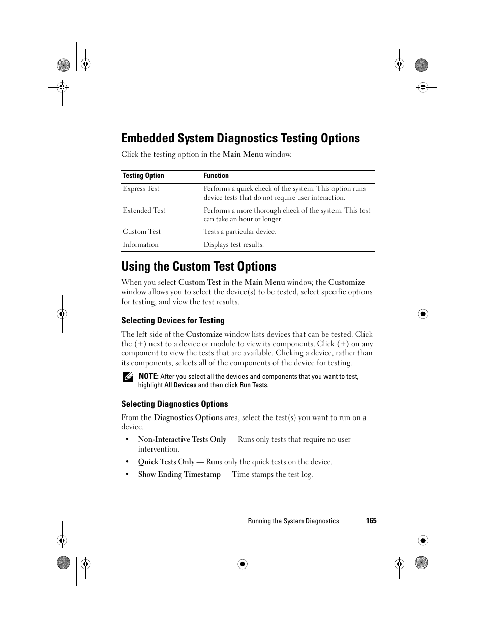 Embedded system diagnostics testing options, Using the custom test options, Selecting devices for testing | Selecting diagnostics options | Dell PowerEdge R410 User Manual | Page 165 / 190