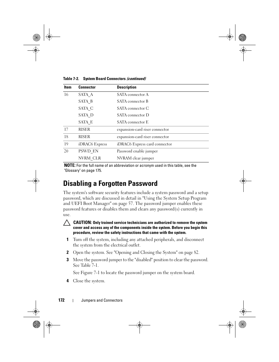 Disabling a forgotten password | Dell PowerEdge R410 User Manual | Page 172 / 190