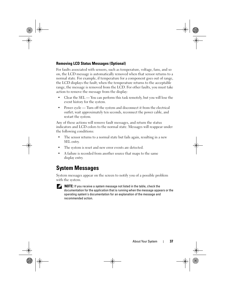 Removing lcd status messages (optional), System messages | Dell PowerEdge R410 User Manual | Page 37 / 190