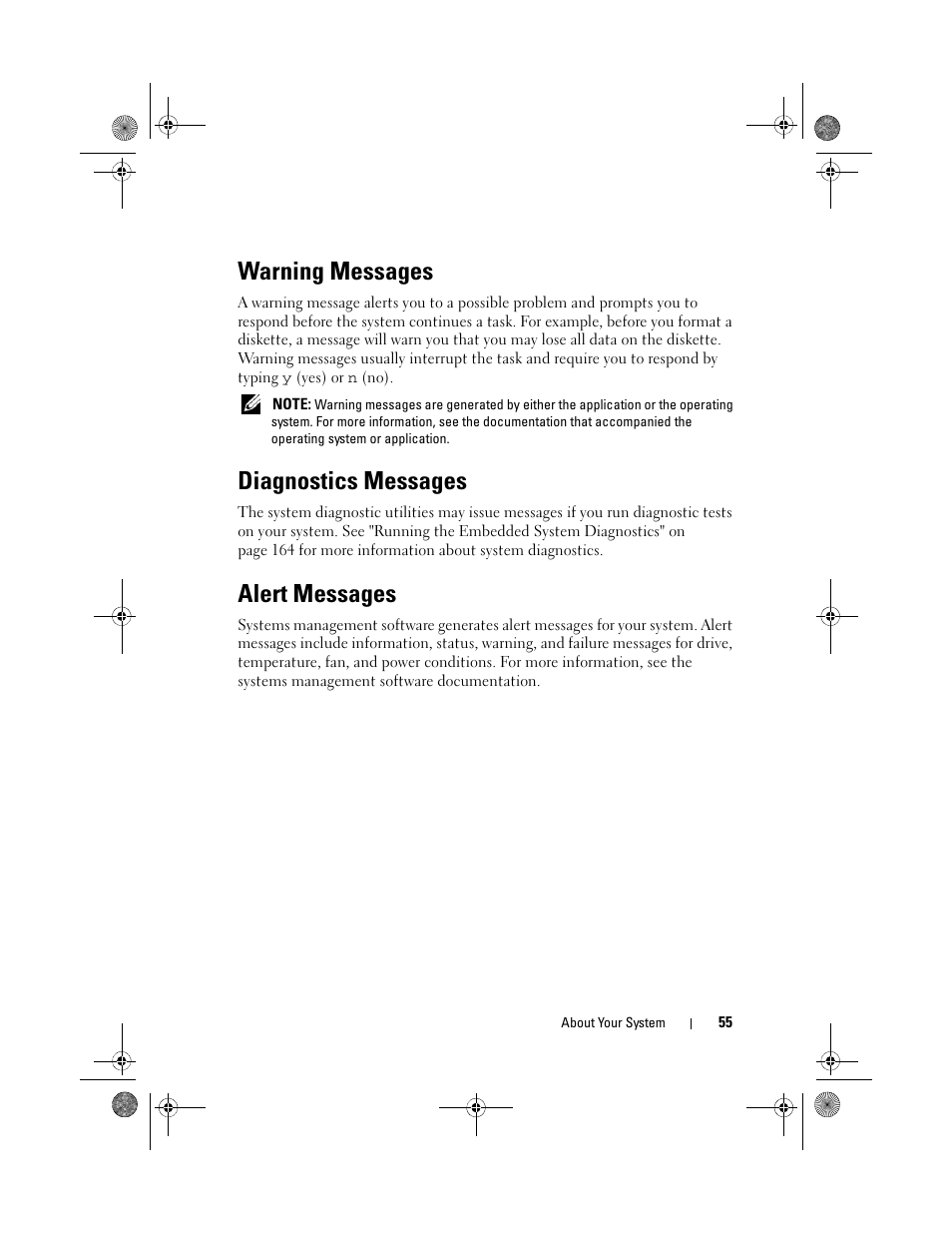 Warning messages, Diagnostics messages, Alert messages | Dell PowerEdge R410 User Manual | Page 55 / 190