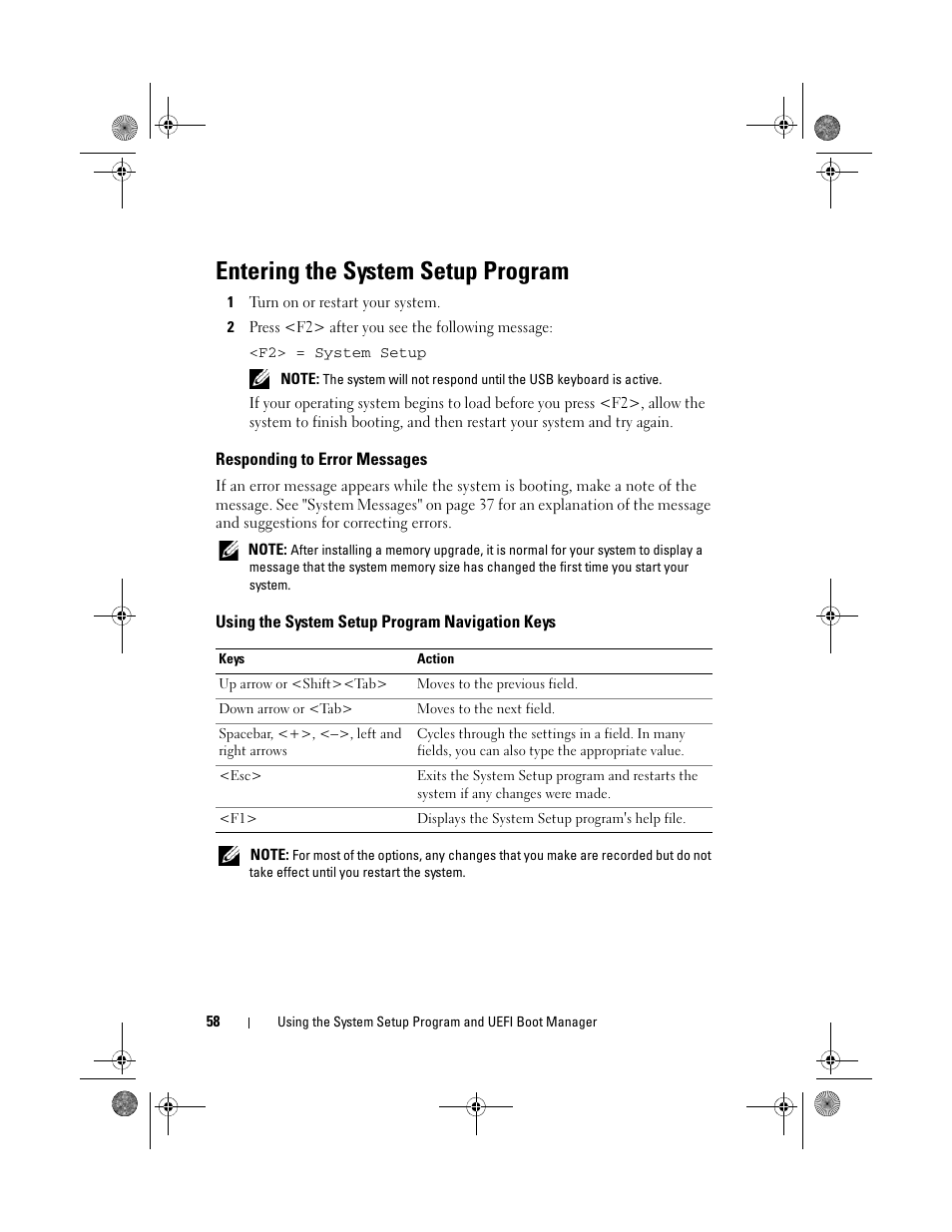 Entering the system setup program, Responding to error messages, Using the system setup program navigation keys | Dell PowerEdge R410 User Manual | Page 58 / 190