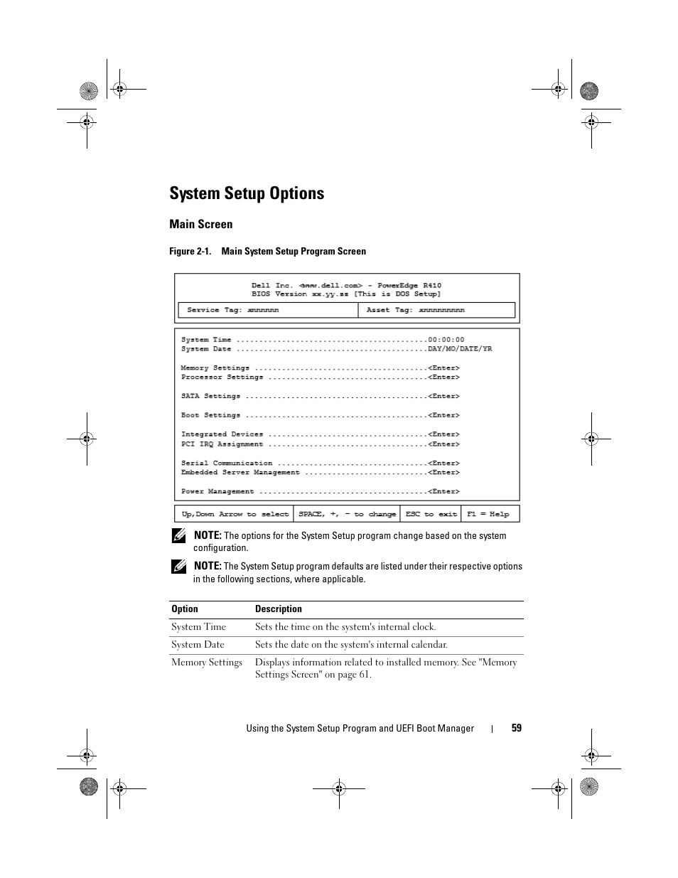 System setup options, Main screen | Dell PowerEdge R410 User Manual | Page 59 / 190