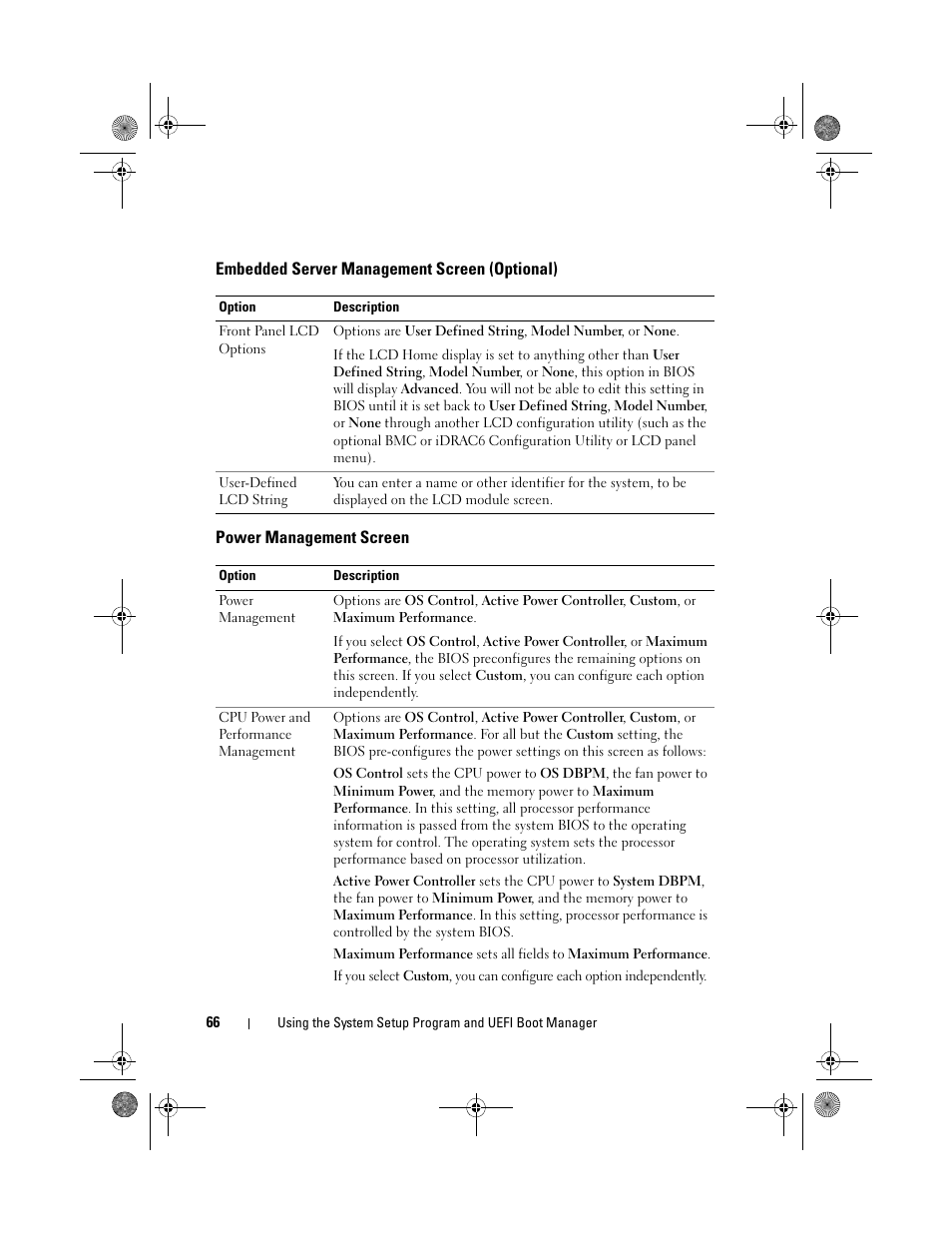 Embedded server management screen (optional), Power management screen | Dell PowerEdge R410 User Manual | Page 66 / 190