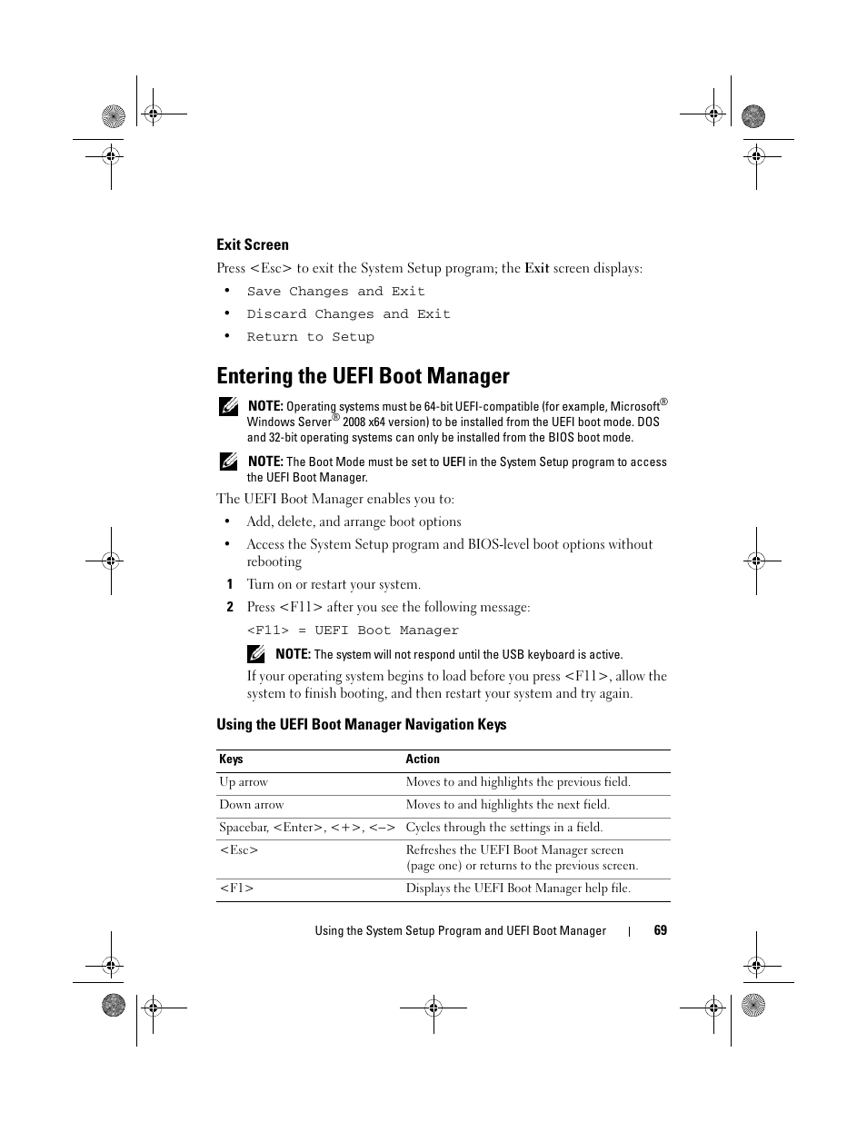 Exit screen, Entering the uefi boot manager, Using the uefi boot manager navigation keys | Dell PowerEdge R410 User Manual | Page 69 / 190