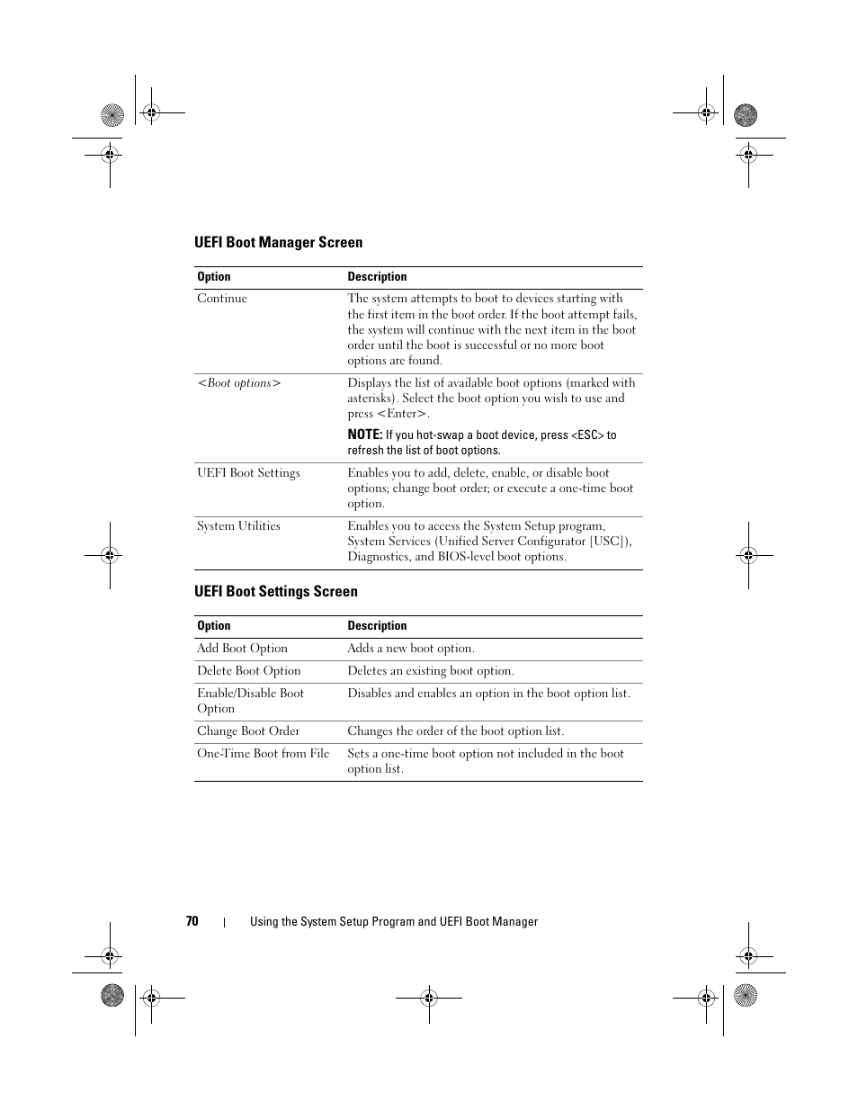 Uefi boot manager screen, Uefi boot settings screen | Dell PowerEdge R410 User Manual | Page 70 / 190