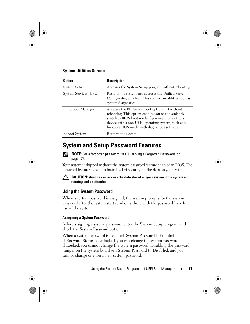 System utilities screen, System and setup password features, Using the system password | Dell PowerEdge R410 User Manual | Page 71 / 190