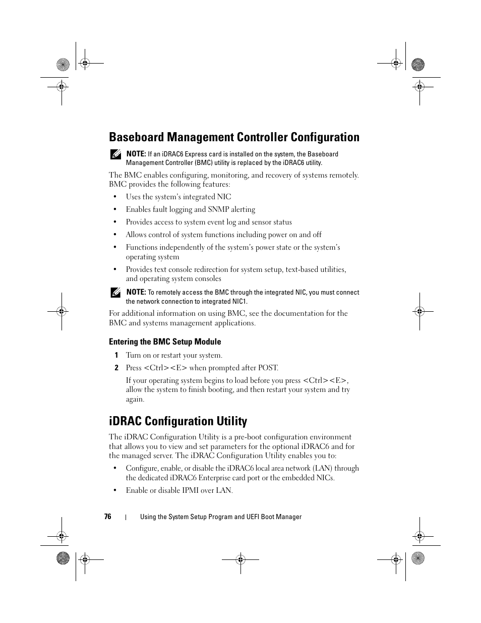 Baseboard management controller configuration, Entering the bmc setup module, Idrac configuration utility | Dell PowerEdge R410 User Manual | Page 76 / 190