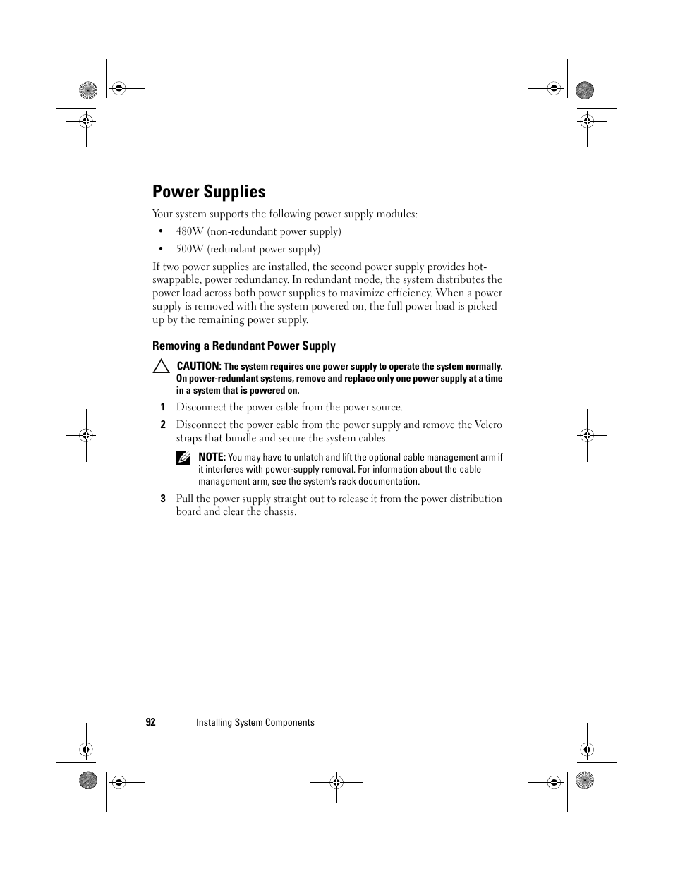 Power supplies, Removing a redundant power supply | Dell PowerEdge R410 User Manual | Page 92 / 190