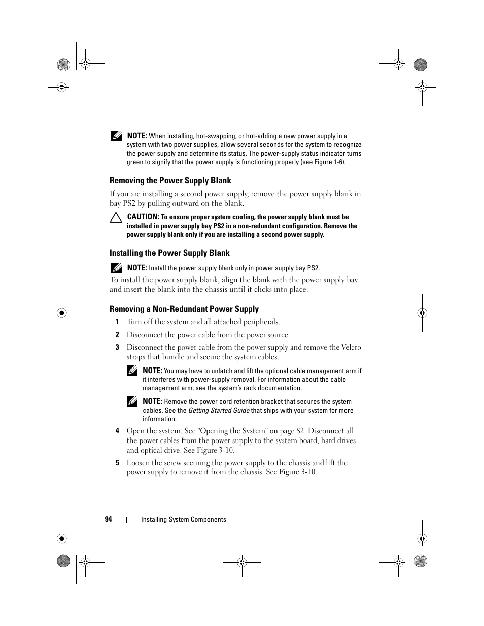 Removing the power supply blank, Installing the power supply blank, Removing a non-redundant power supply | Dell PowerEdge R410 User Manual | Page 94 / 190