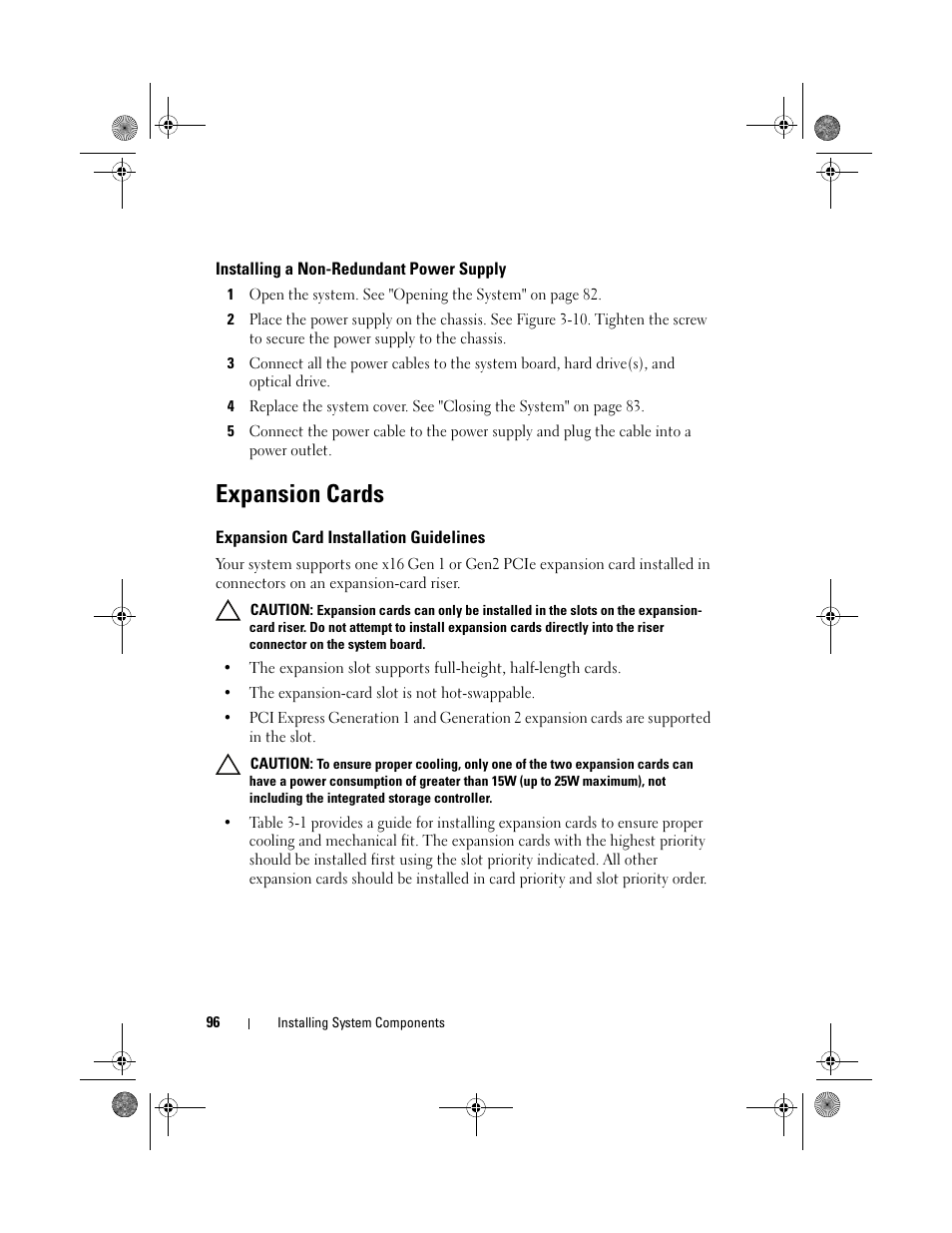 Installing a non-redundant power supply, Expansion cards, Expansion card installation guidelines | Dell PowerEdge R410 User Manual | Page 96 / 190