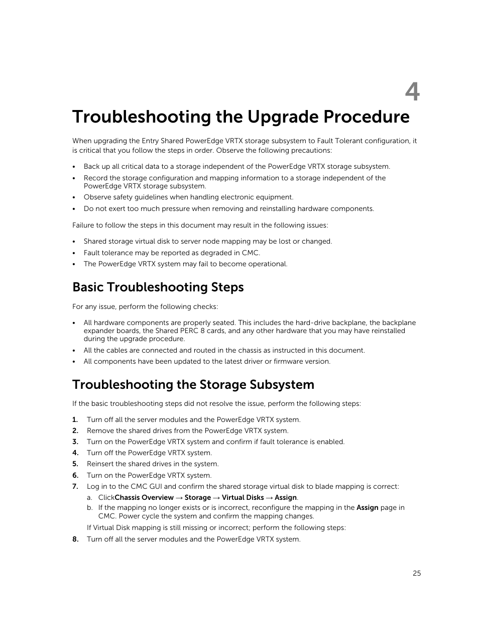 Troubleshooting the upgrade procedure, Basic troubleshooting steps, Troubleshooting the storage subsystem | Dell PowerEdge VRTX User Manual | Page 25 / 28