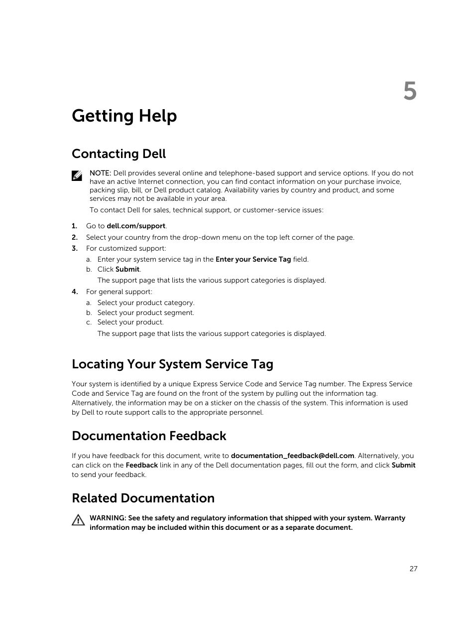 Getting help, Contacting dell, Locating your system service tag | Documentation feedback, Related documentation | Dell PowerEdge VRTX User Manual | Page 27 / 28