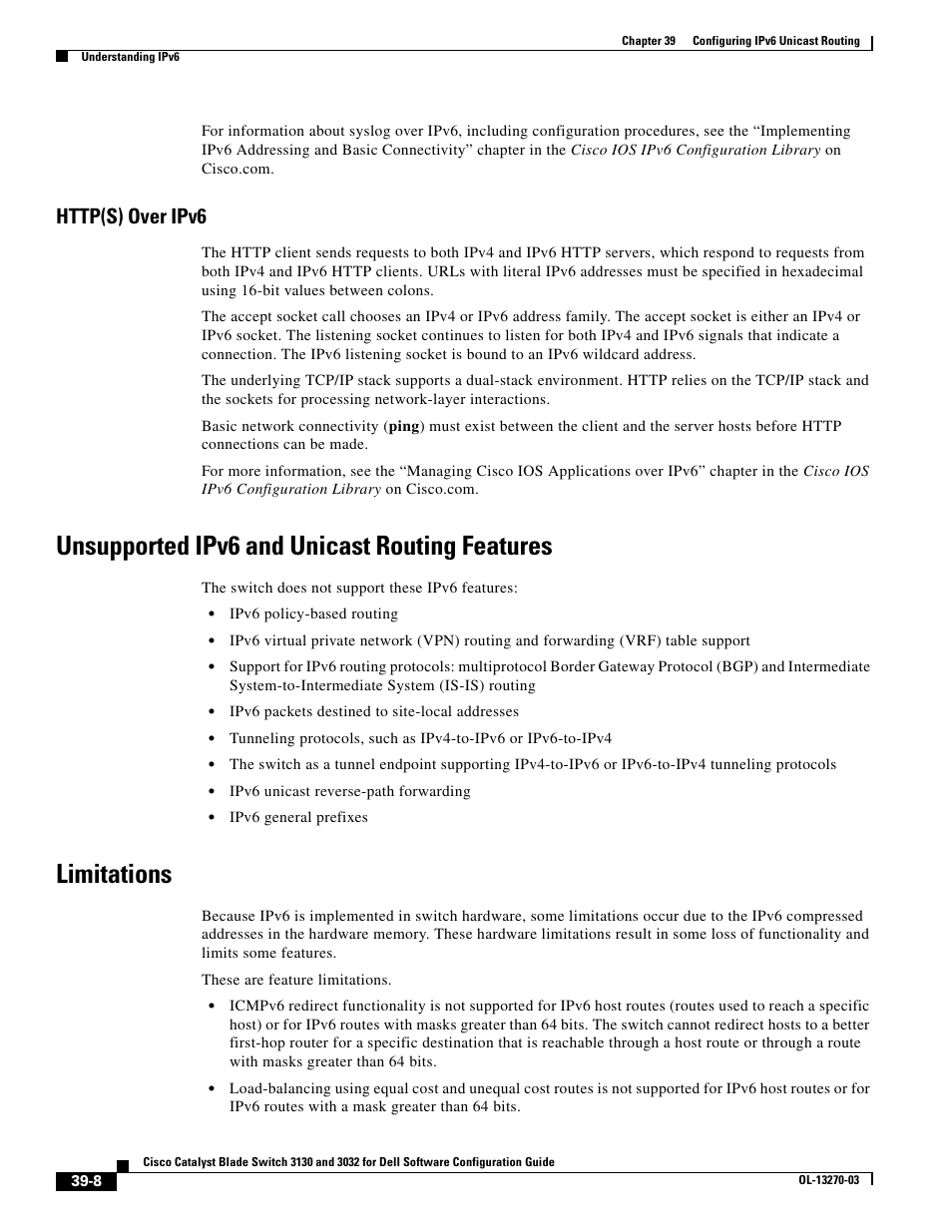 Http(s) over ipv6, Unsupported ipv6 and unicast routing features, Limitations | Dell POWEREDGE M1000E User Manual | Page 1008 / 1316