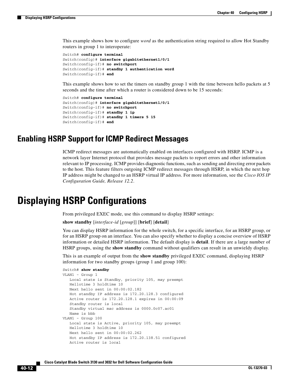 Enabling hsrp support for icmp redirect messages, Displaying hsrp configurations | Dell POWEREDGE M1000E User Manual | Page 1042 / 1316