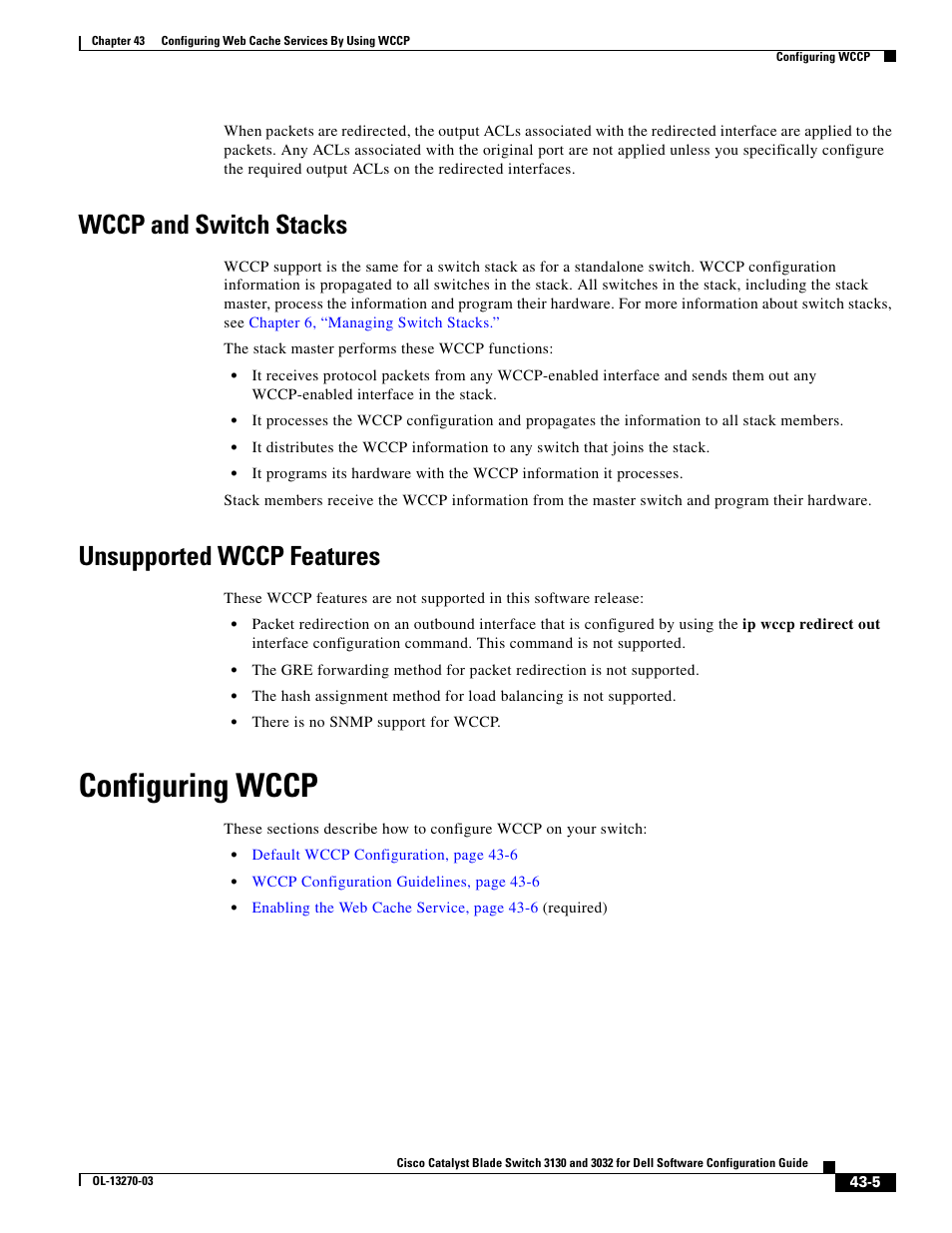 Wccp and switch stacks, Unsupported wccp features, Configuring wccp | Dell POWEREDGE M1000E User Manual | Page 1073 / 1316