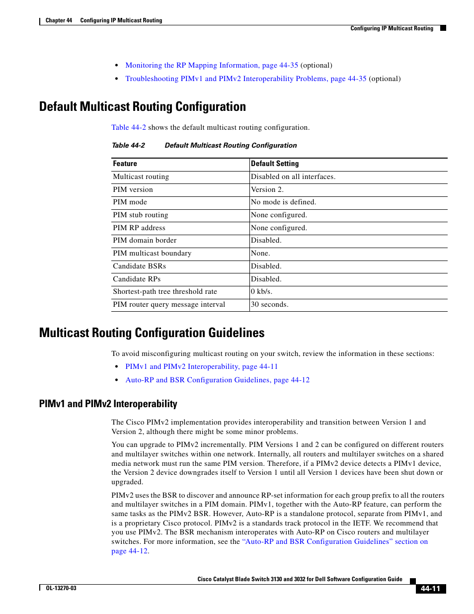 Default multicast routing configuration, Multicast routing configuration guidelines, Pimv1 and pimv2 interoperability | Dell POWEREDGE M1000E User Manual | Page 1089 / 1316