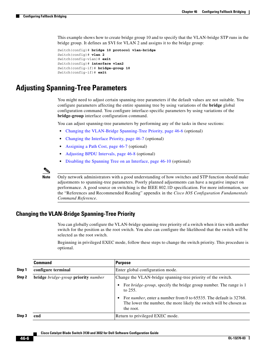 Adjusting spanning-tree parameters, Changing the vlan-bridge spanning-tree priority | Dell POWEREDGE M1000E User Manual | Page 1166 / 1316