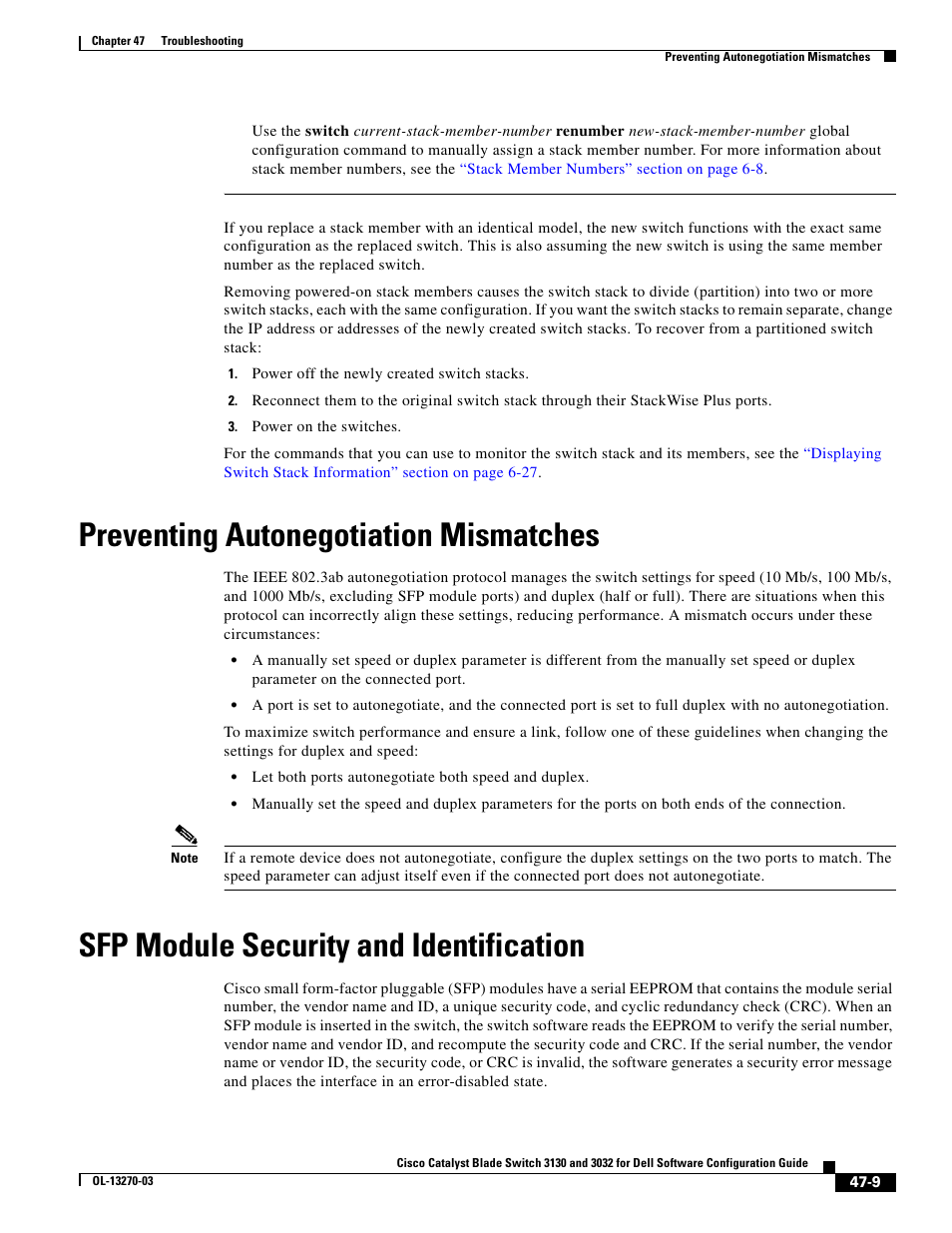 Preventing autonegotiation mismatches, Sfp module security and identification | Dell POWEREDGE M1000E User Manual | Page 1181 / 1316