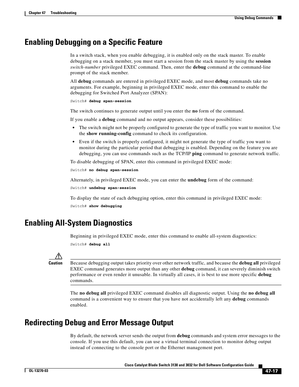 Enabling debugging on a specific feature, Enabling all-system diagnostics, Redirecting debug and error message output | Dell POWEREDGE M1000E User Manual | Page 1189 / 1316