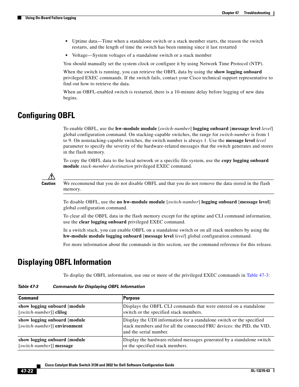 Configuring obfl, Displaying obfl information | Dell POWEREDGE M1000E User Manual | Page 1194 / 1316