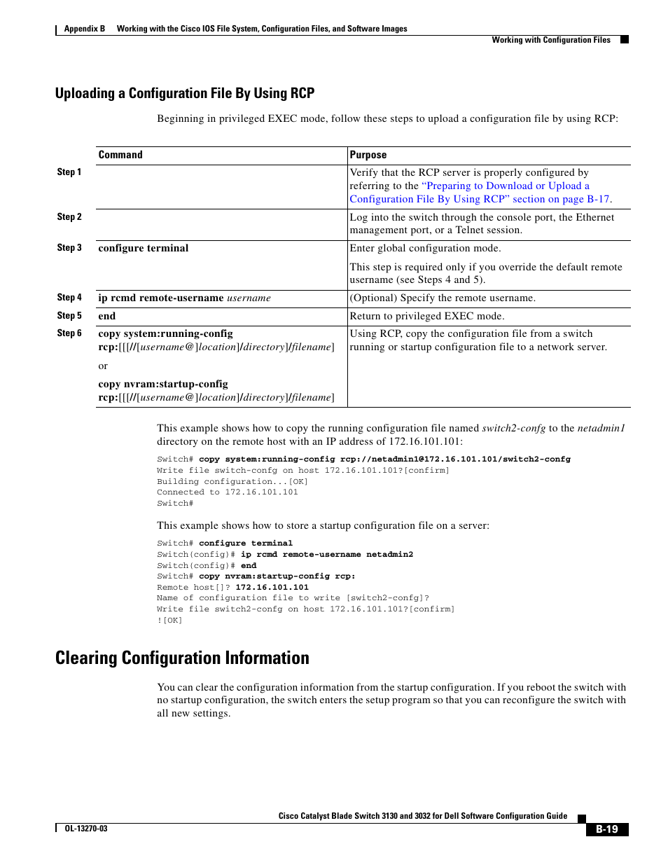 Uploading a configuration file by using rcp, Clearing configuration information | Dell POWEREDGE M1000E User Manual | Page 1225 / 1316