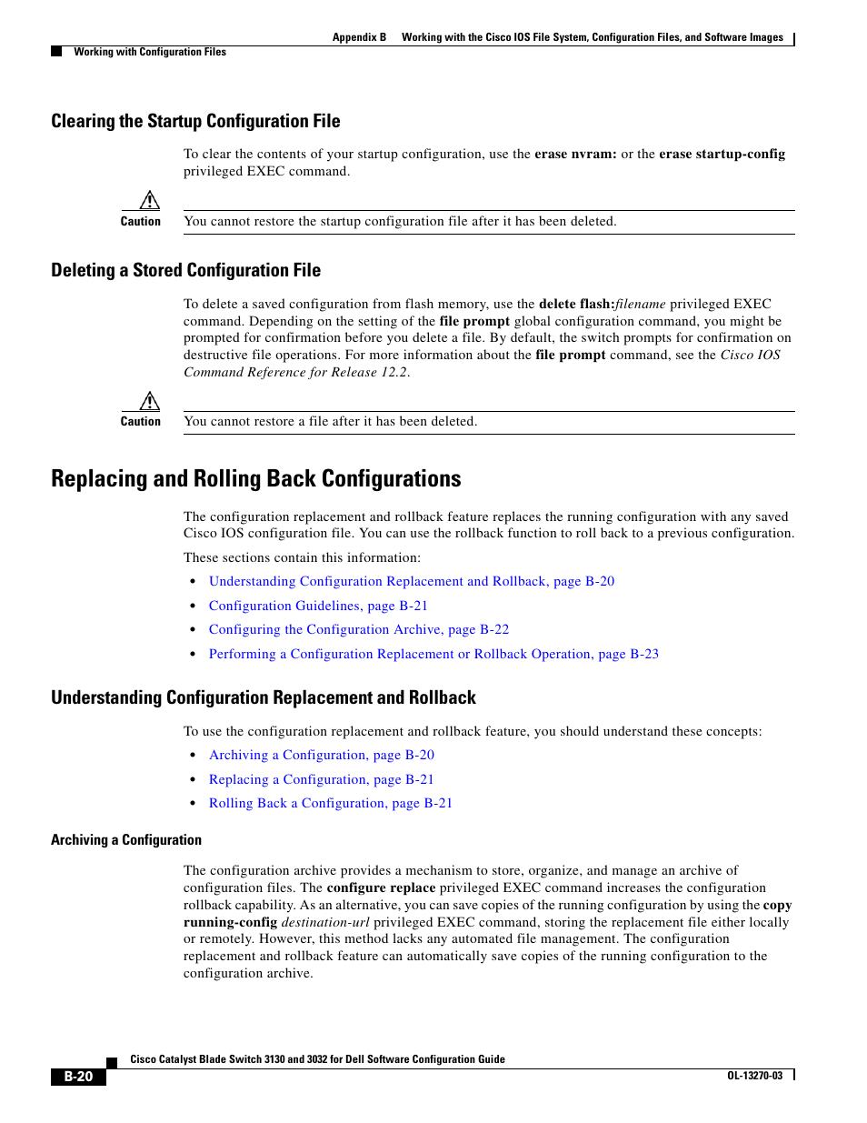 Clearing the startup configuration file, Deleting a stored configuration file, Replacing and rolling back configurations | Dell POWEREDGE M1000E User Manual | Page 1226 / 1316