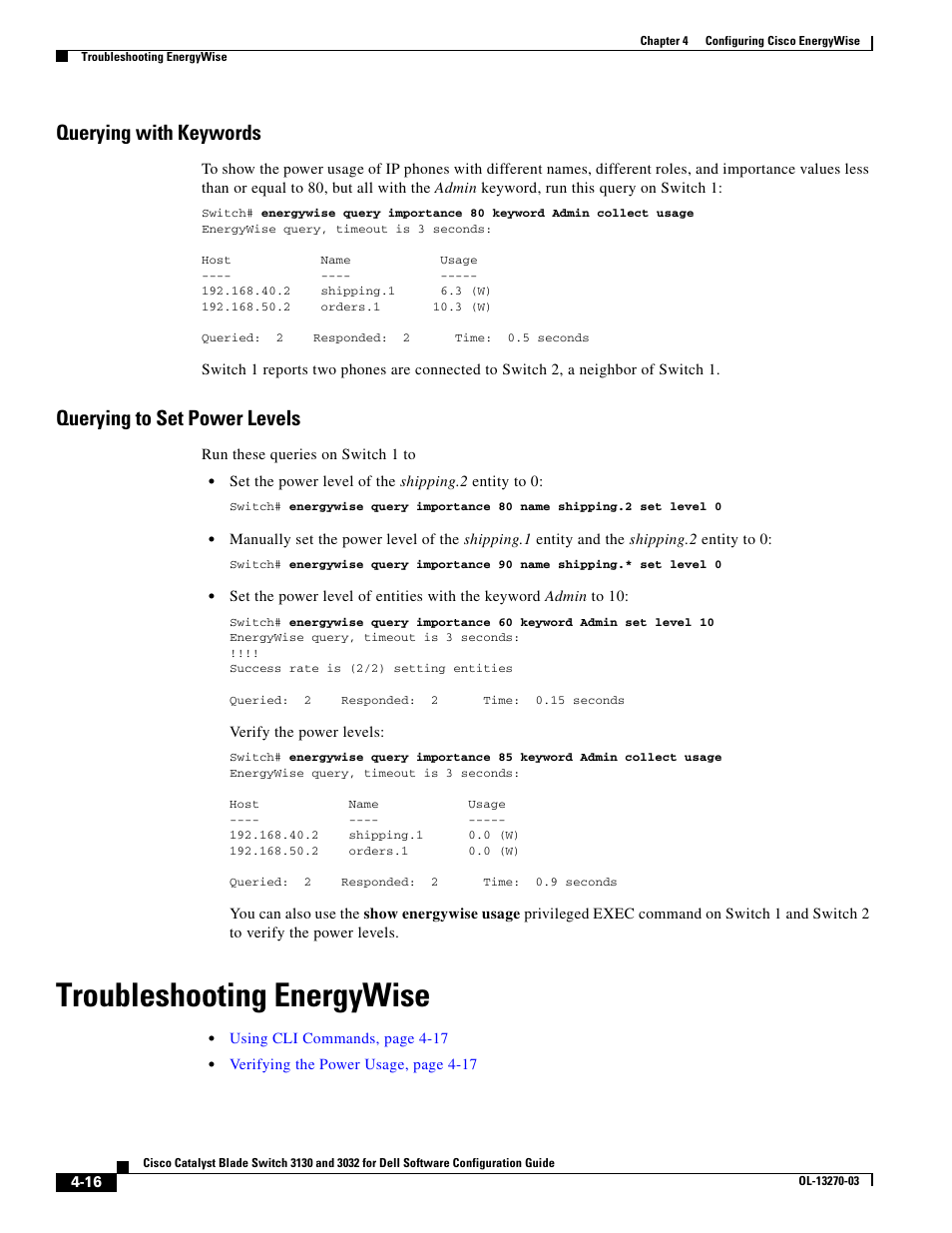 Querying with keywords, Querying to set power levels, Troubleshooting energywise | Dell POWEREDGE M1000E User Manual | Page 124 / 1316