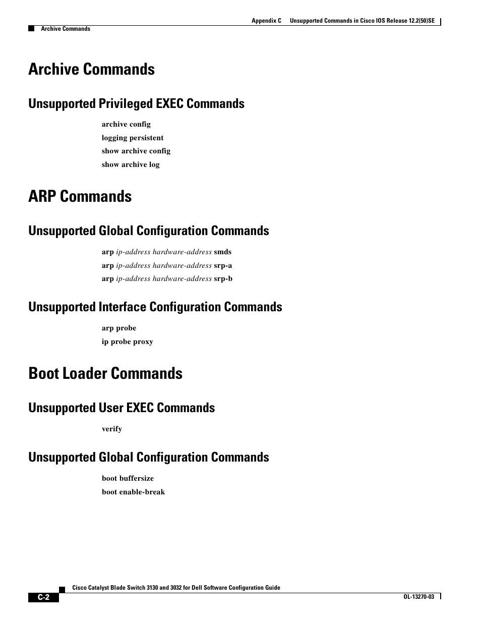 Archive commands, Unsupported privileged exec commands, Arp commands | Unsupported global configuration commands, Unsupported interface configuration commands, Boot loader commands, Unsupported user exec commands | Dell POWEREDGE M1000E User Manual | Page 1248 / 1316